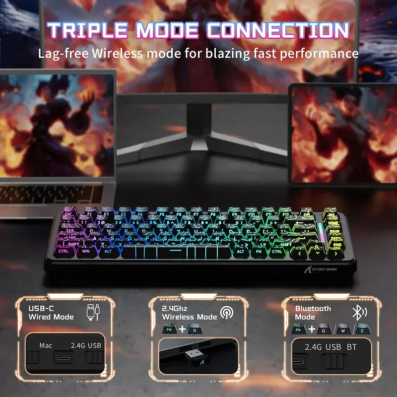 Игровая магнитная клавиатура Attack Shark X82 Pro / Три режима подключения / Magnetic Switch / Black - фото 4