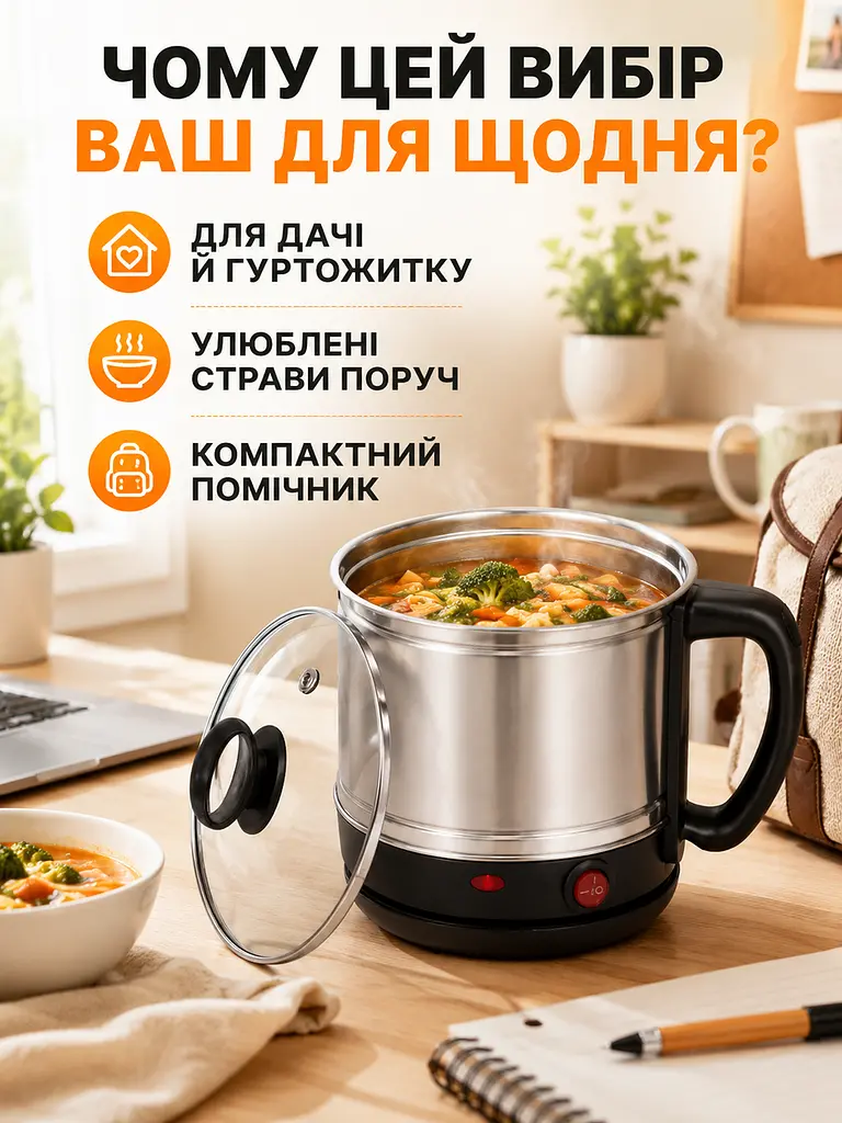 Міні-каструля електрична 1.5 л 600 Вт сріблясто-чорна (49676072) - фото 9