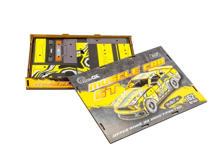 Дерев'яний 3D конструктор Muscle car GT, Puzzleоk (Puz-00638), 162 дет. (жовта) - фото 5