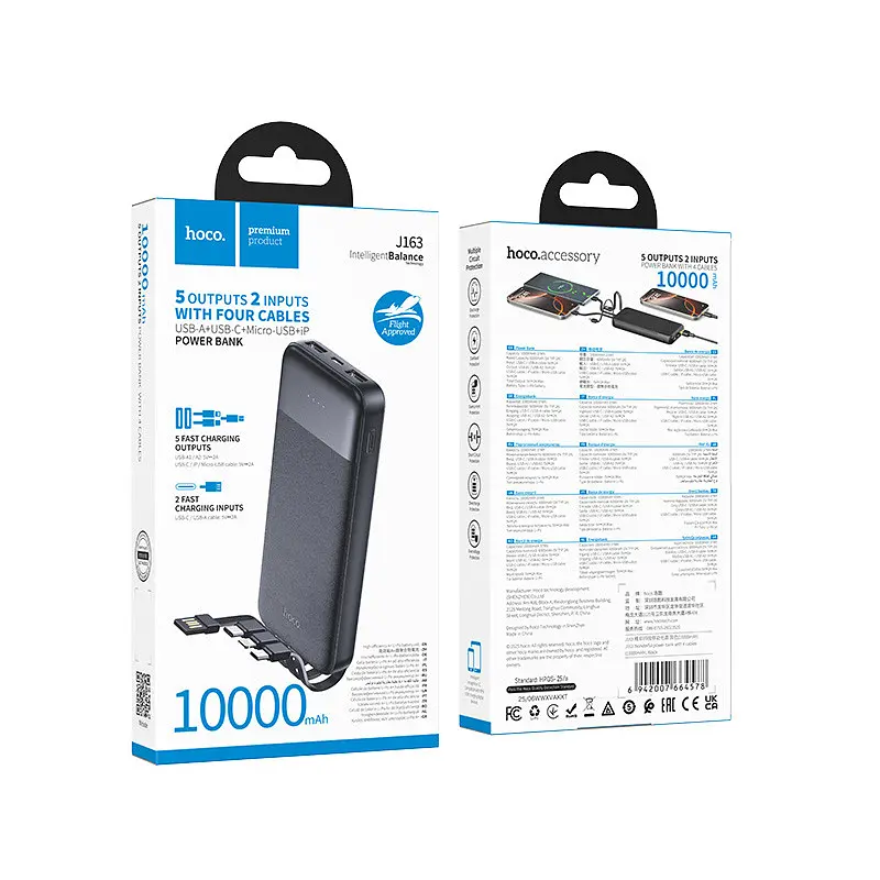 Зовнішній акумулятор HOCO J163 Wonderful power bank with 4 cables(10000mAh) Чорний - фото 2