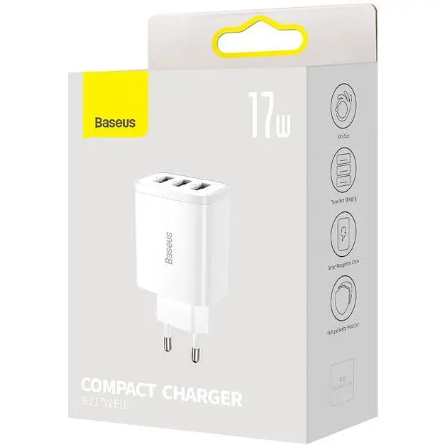 Зарядний пристрій Baseus Compact Charger 3U 17W White (CCXJ020102) - фото 5