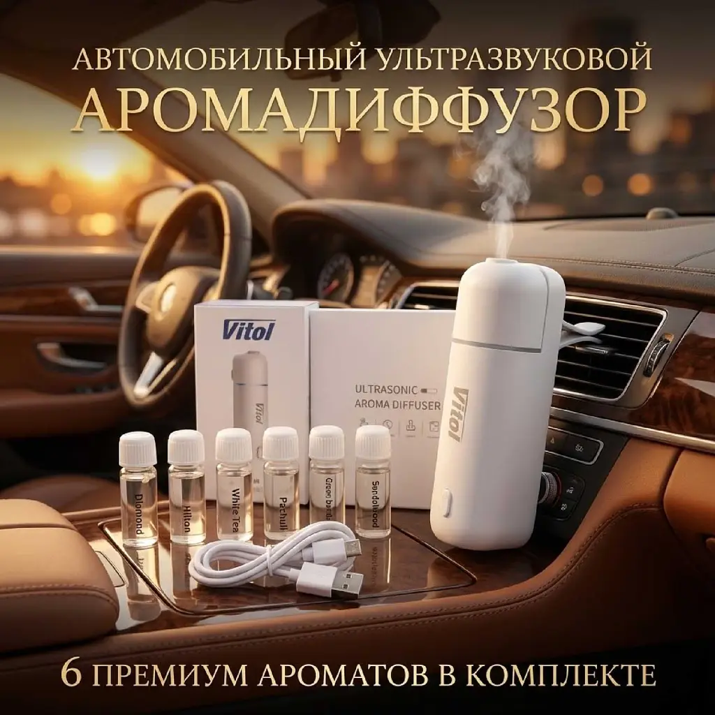 Ультразвуковий автомобільний аромадифузор Vitol з розпорошенням на повітропровід Білий (Набір 6 ароматів) - фото 2