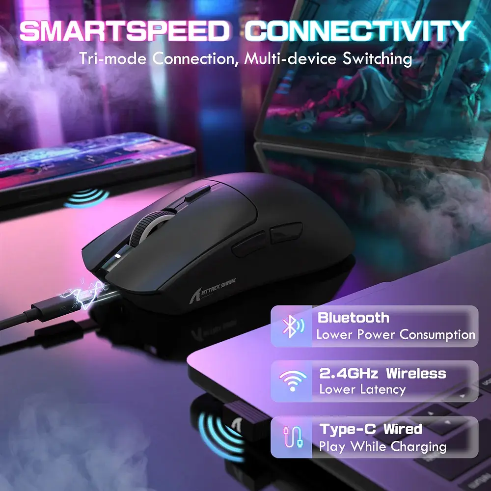 Мышка Attack Shark X1, Wireless/Bluetooth, 40000dpi. (PAW3395PRO), 6кн., Black - фото 8