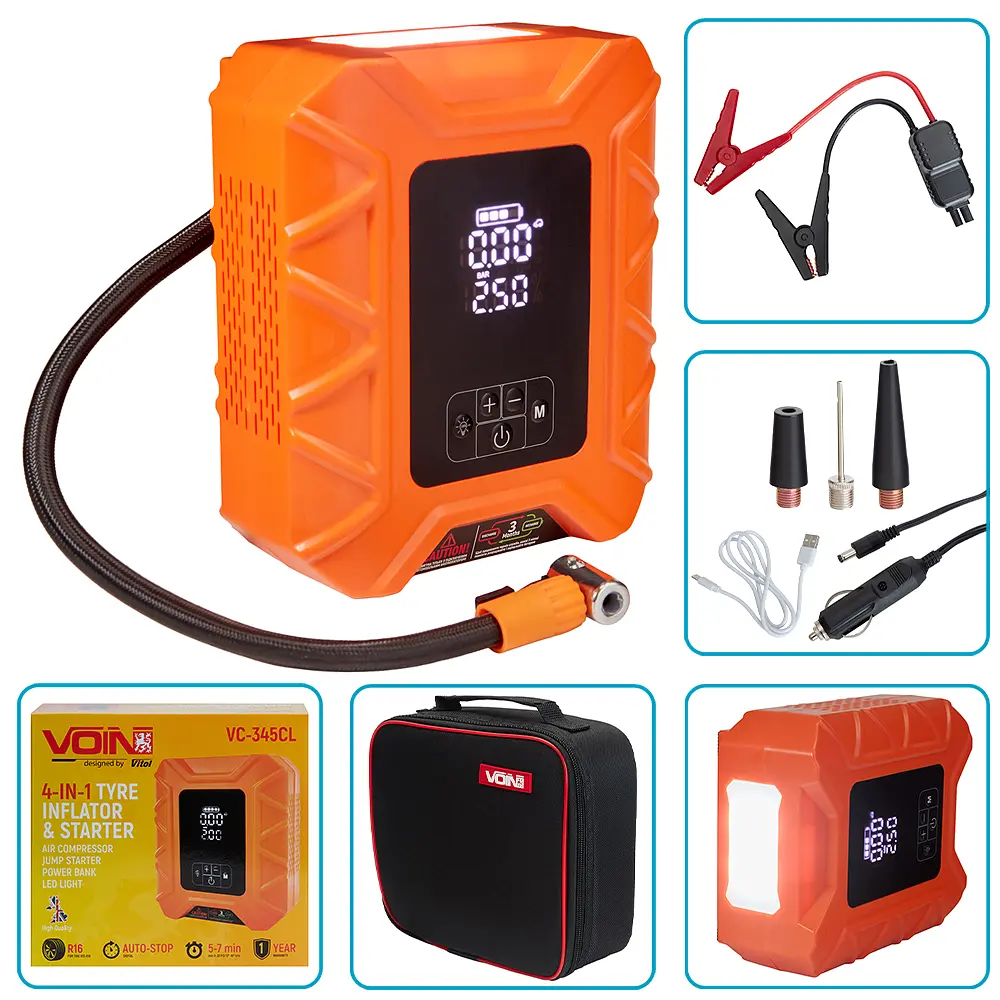 Автомобільний компресор Бустер Повербанк 4в1 14.8V 37.0wh 10000mAh Ліхтар (VC-345CL)