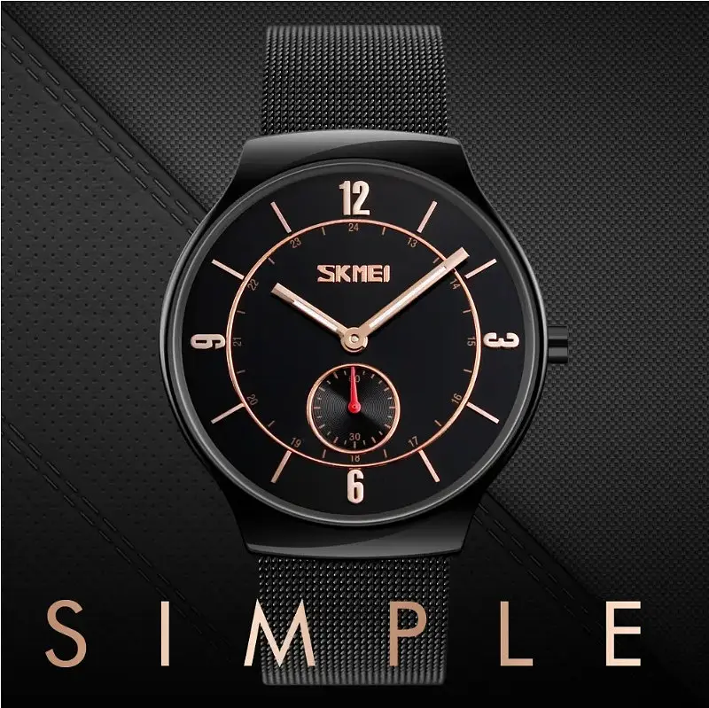 Чоловічий наручний класичний годинник Skmei 9163 design чорні з золотими стрілками - фото 3
