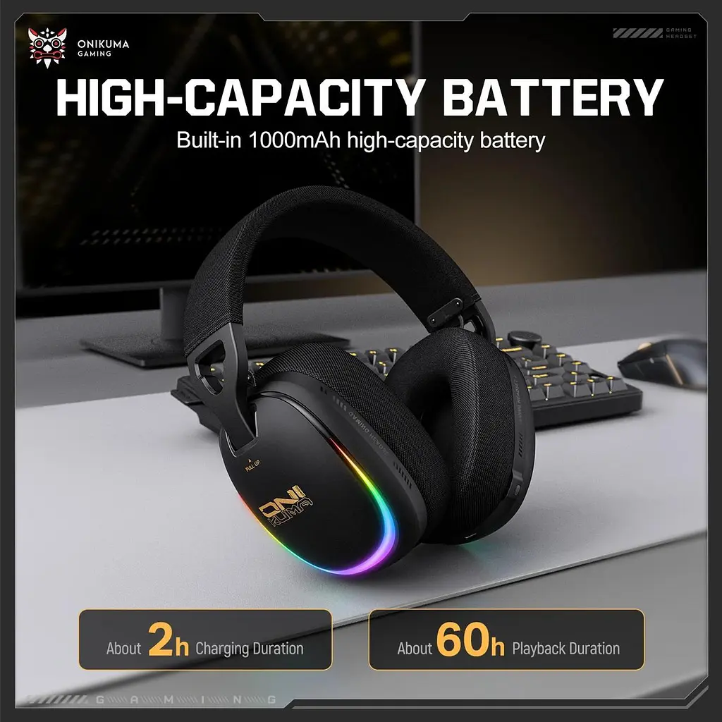 Навушники Onikuma ігрові блютуз GT-805 Max з мікрофоном RGB підсвітка Bluetooth 5.4 + 2.4GHz AUX до 60 годин роботи для ПК - фото 5