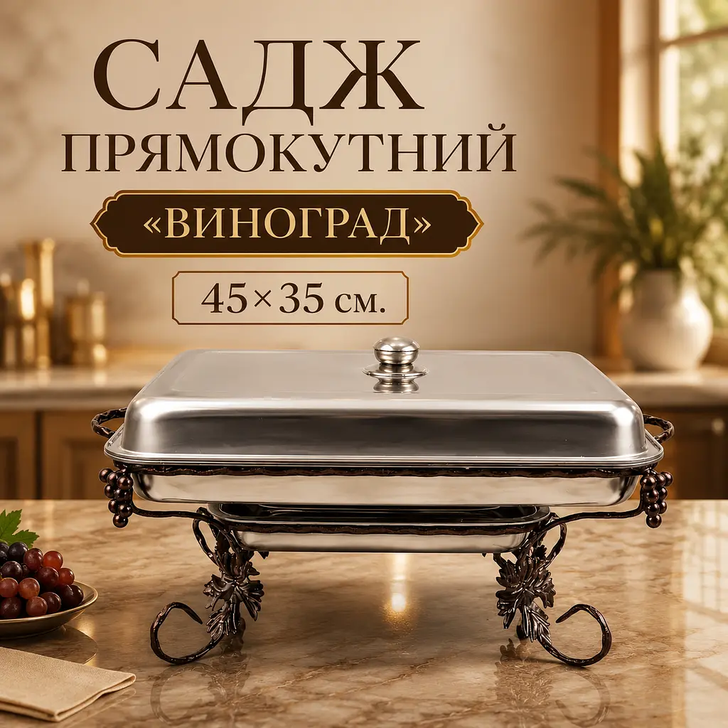 Садж прямокутний Виноград для подачі та підігріву шашлику 45х35 см з кришкою - фото 4