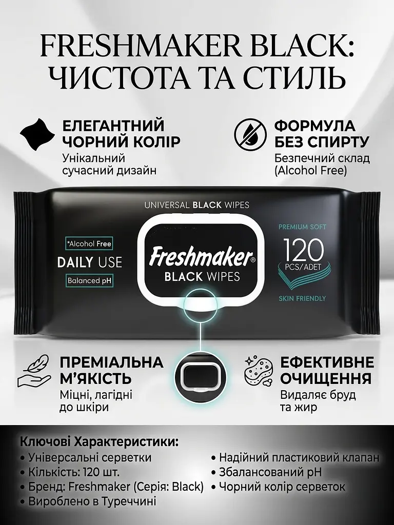 Вологі серветки універсальні Freshmaker Black 120 шт. Вологі серветки чорного кольору - фото 3