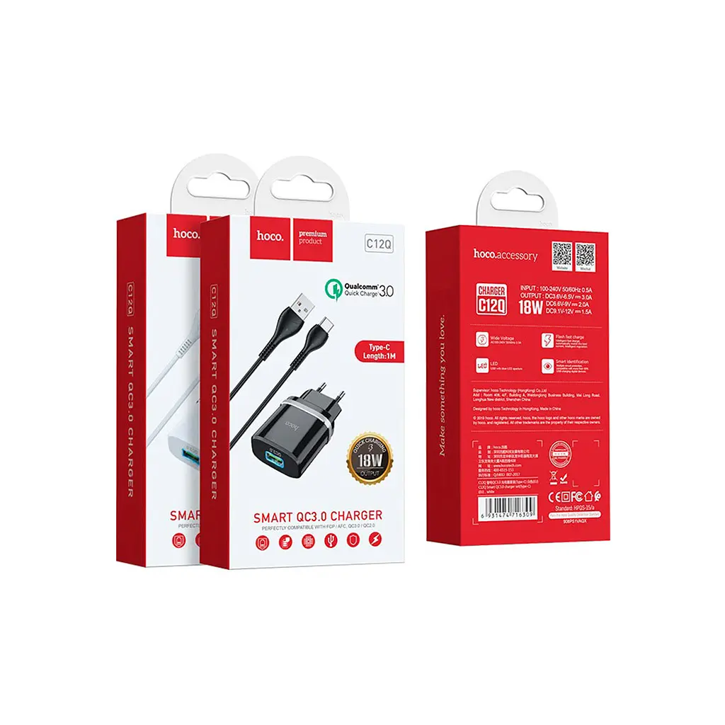Зарядний пристрій HOCO C12Q Smart USB QC 3.0 + кабель USB-A — USB-C 18 Вт чорний (6931474716293) - фото 4