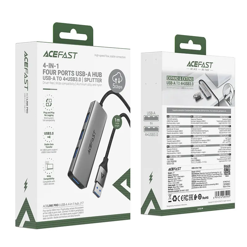 USB-хаб ACEFAST J17 USB-A 4-in-1 HUB металево-сірий - фото 2