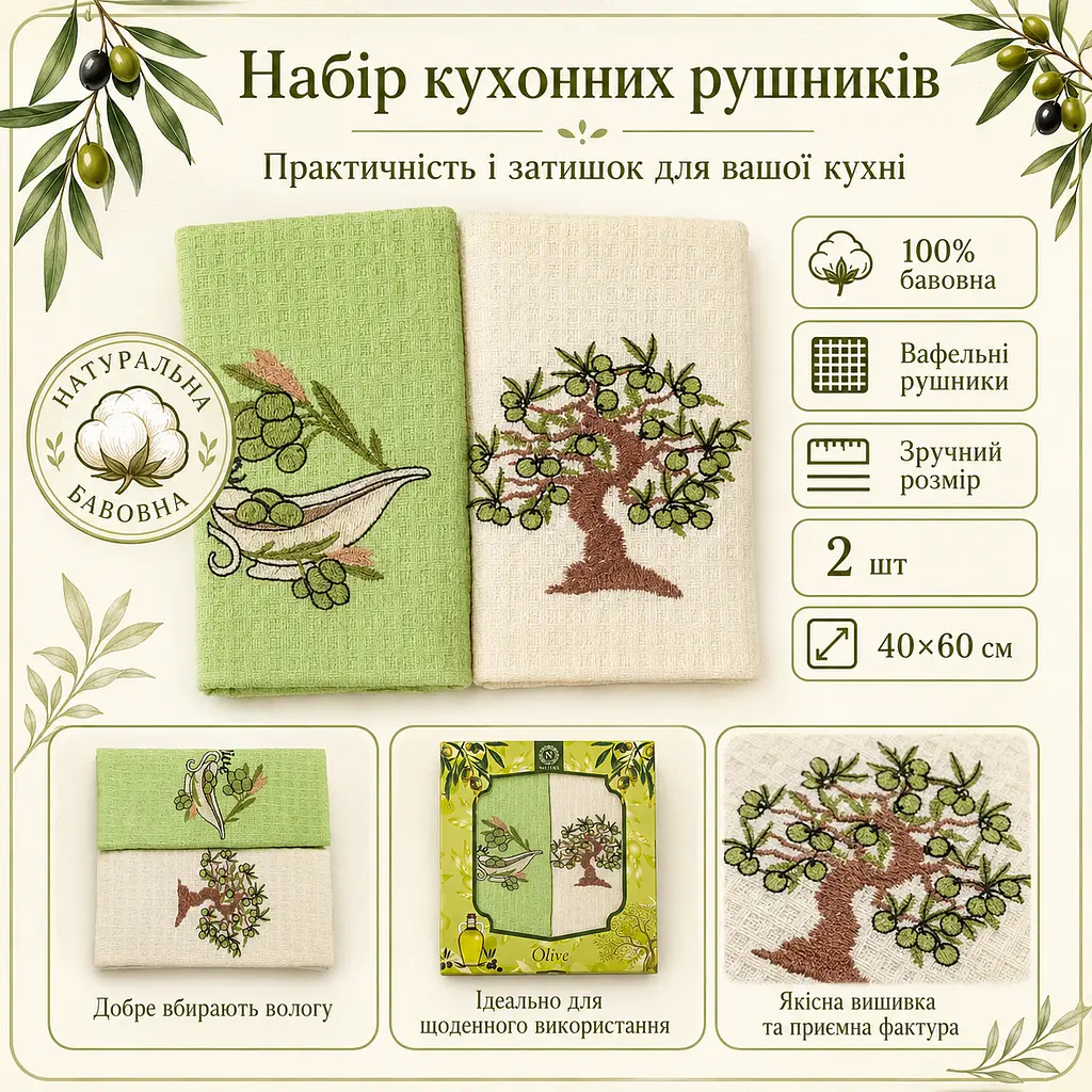 Набір вафельних рушників 2 шт 40x60 см Олива білий/салат LoveYouHome - фото 2