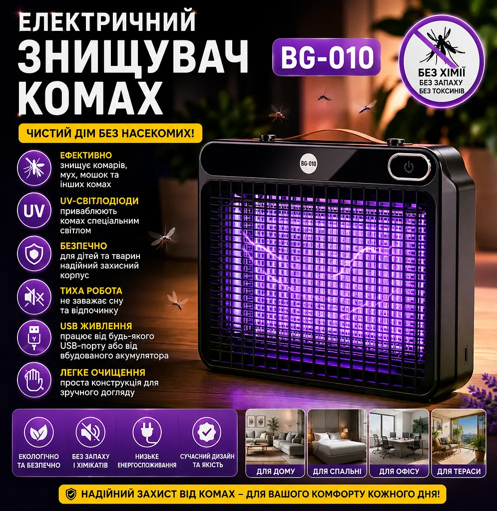 Електричний відлякувач комах Mosquito Killing Lamp BG-010 / УФ-лампа від комарів 360° USB / Настінний знищувач комах - фото 2