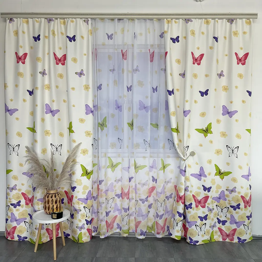 Атласні штори з метеликами на тасьмі 2шт. 150х270 ALBO pbe0052921