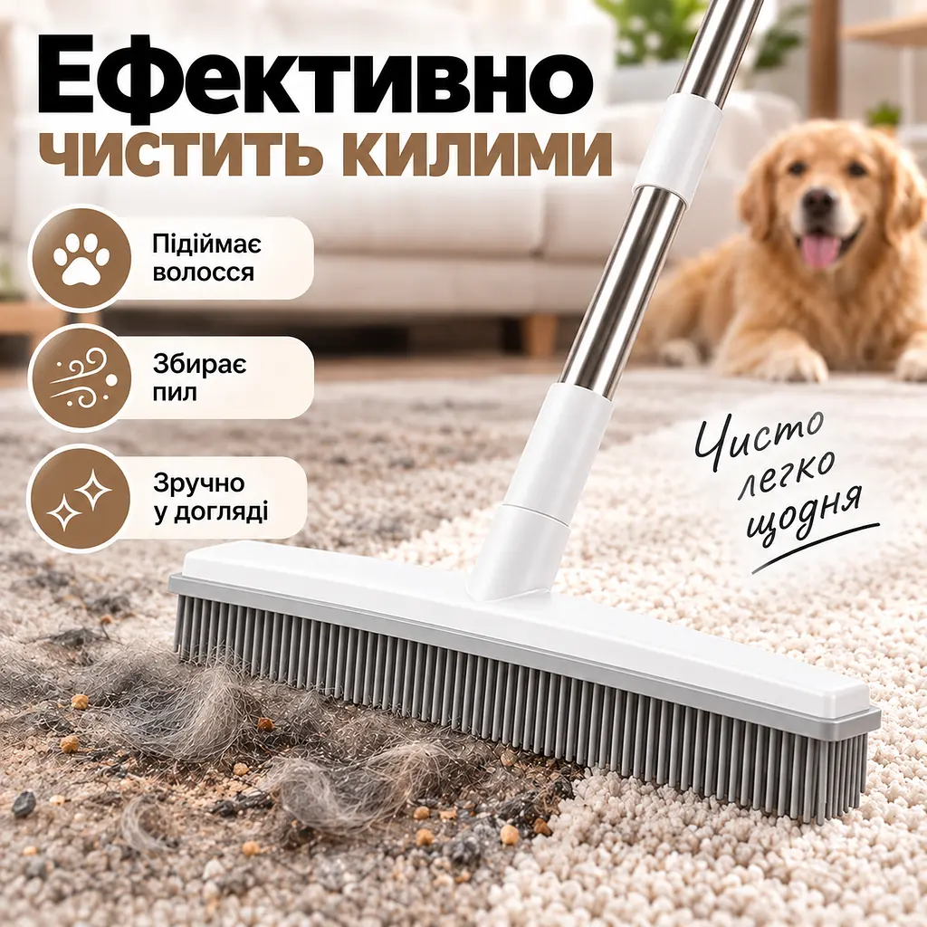 Універсальна гумова щітка-швабра 4 в 1 для підлоги, килимів, шерсті та вікон, ручка з нержавіючої сталі KT9005101 - фото 5