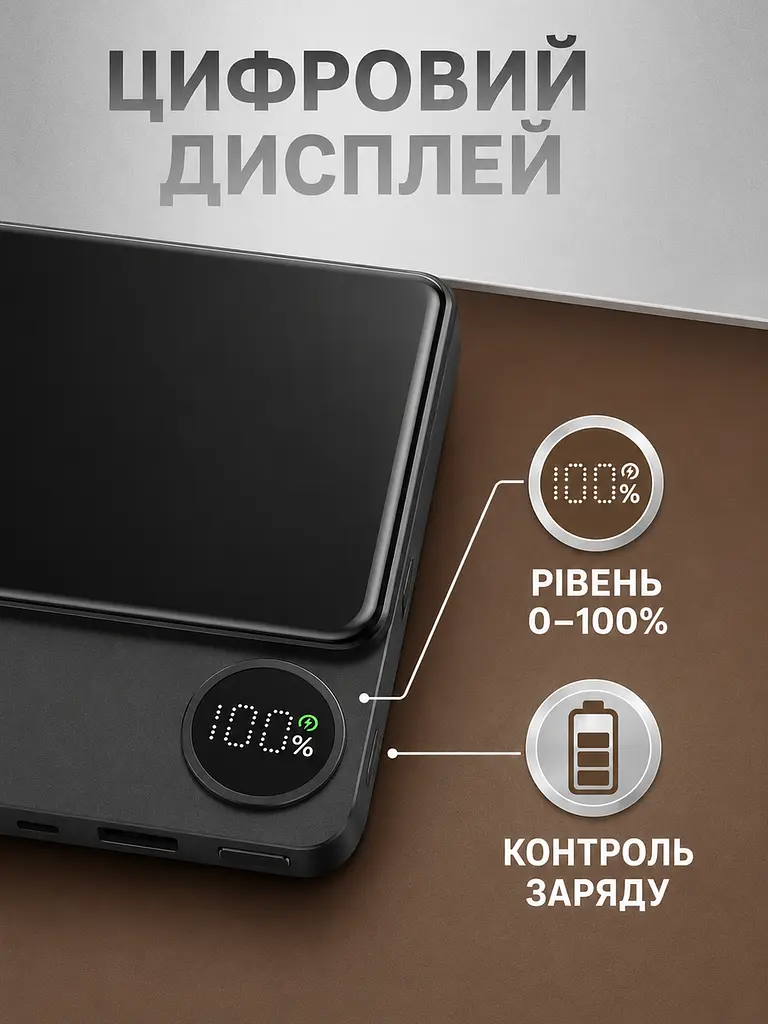 Power Bank 5000 мА·год MagSafe 20 Вт з бездротовим заряджанням 15 Вт, USB Type-C та дисплеєм, чорний (49676356) - фото 5