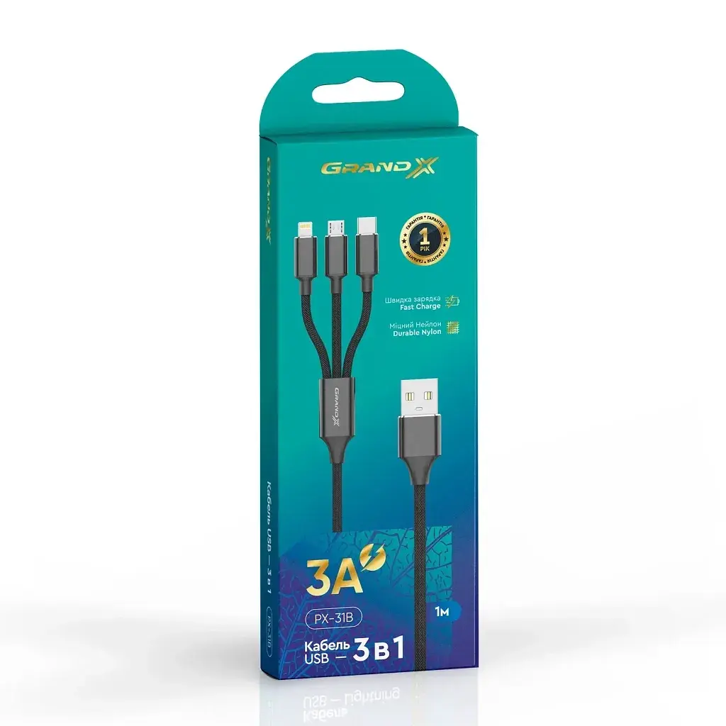 Дата кабель USB 2.0 AM to Lightning + Micro 5P + USB-C 1.0m 2.4-3A black Grand-X (PX-31B) - фото 4