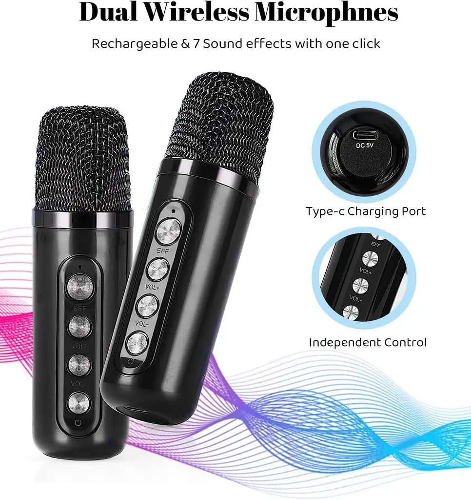Портативна караоке-система з двома мікрофонами, Bluetooth та LED-підсвіткою - фото 6