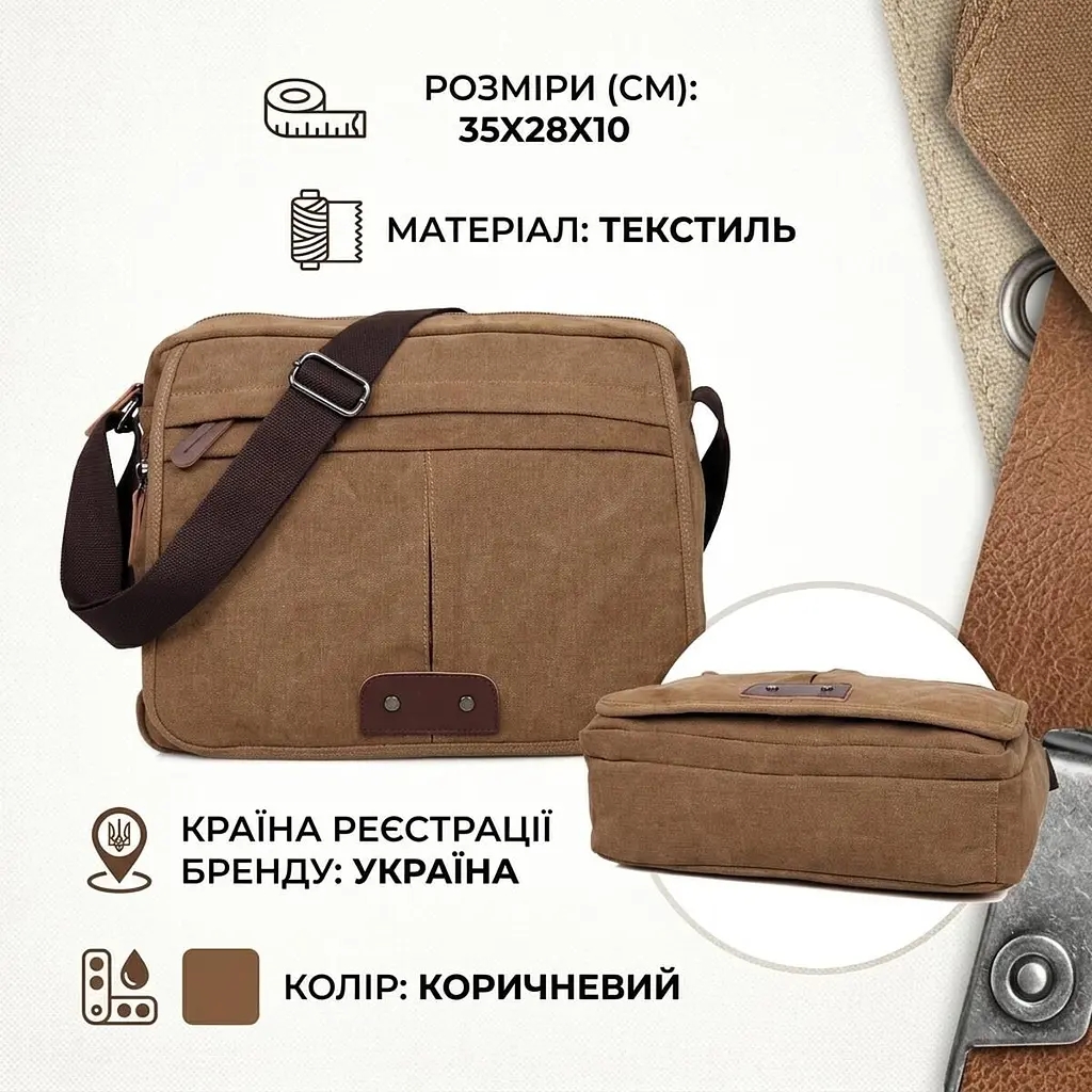 Сумка чоловіча 14445 текстильна Vintage коричнева - фото 3