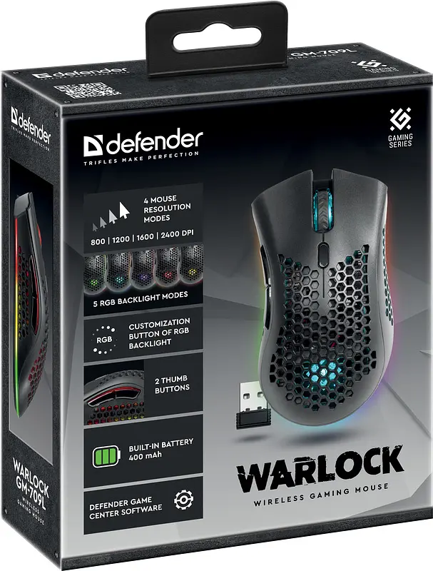 Мышка Defender Warlock GM-709L RGB игровая, беспроводная 2400dpi., 7кн., черная - фото 8