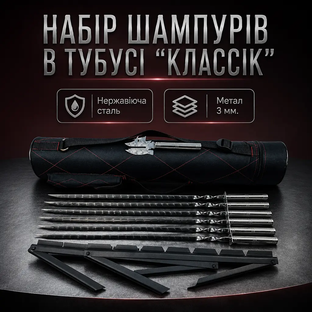 Набір шампурів у тубусі Класік 9 предметів з мангалом-рамкою та вилкою для зняття м’яса - фото 2