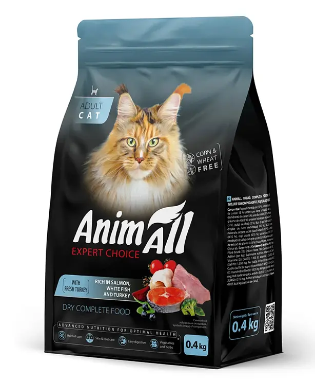 Сухий корм AnimAll Повнораційний для котів з лососем, білою рибою та свіжою індичкою, 400 г. - фото 1