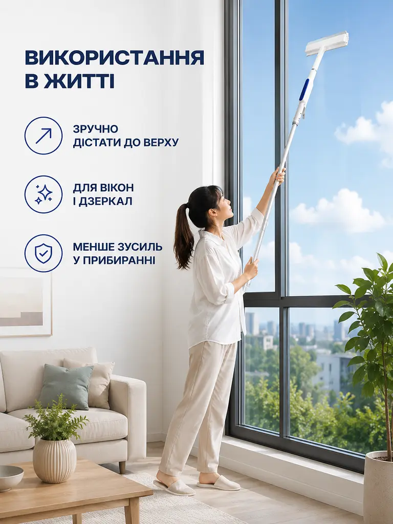 Швабра для вікон 130 см із розпилювачем і насадкою 33 см, щітка-скребок для скла та дзеркал (49676253) - фото 4