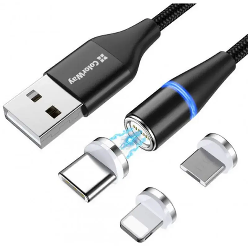 Дата кабель USB 2.0 AM to Lightning + Micro 5P + USB-C 1.0m Magnetic ColorWay (CW-CBUU038-BK) - фото 3