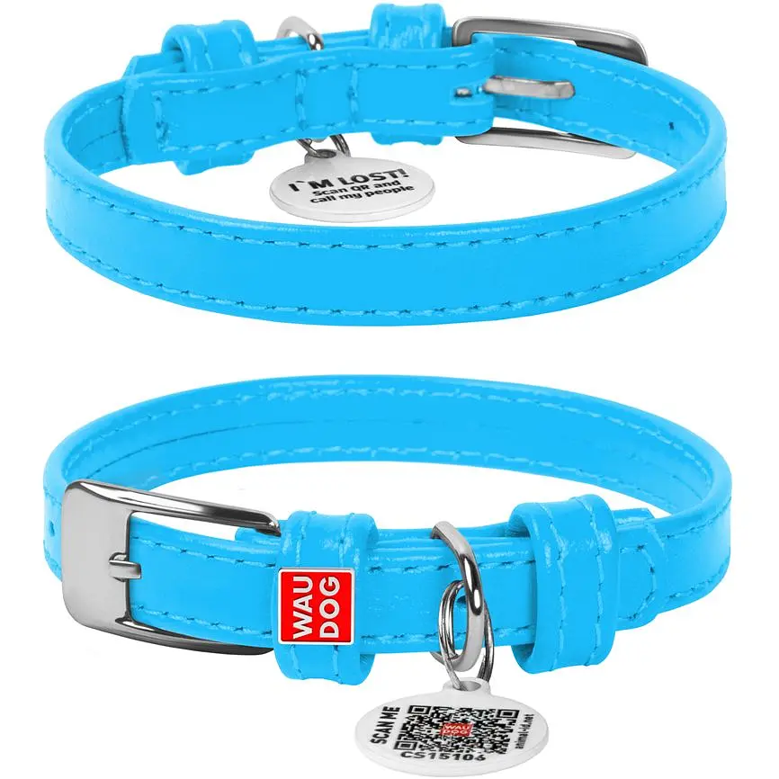 Ошейник для собак Waudog Glamour, кожаный, с QR паспортом, 21-29х1,2 см, голубой - фото 2