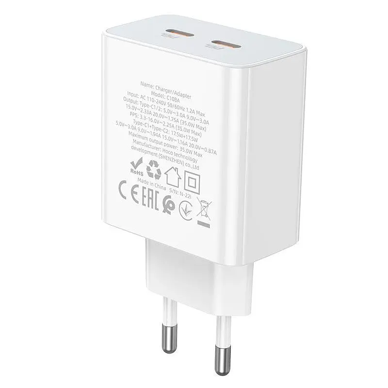 Адаптер живлення мережевий HOCO C108A Leader dual port (виходи 2C) 35W зарядний блок - фото 4