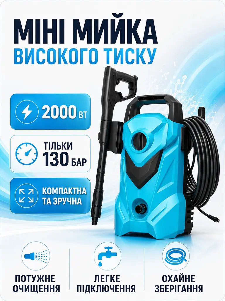 Міні мийка високого тиску 2000 Вт до 130 бар із піногенератором та шлангом (49676152) - фото 2