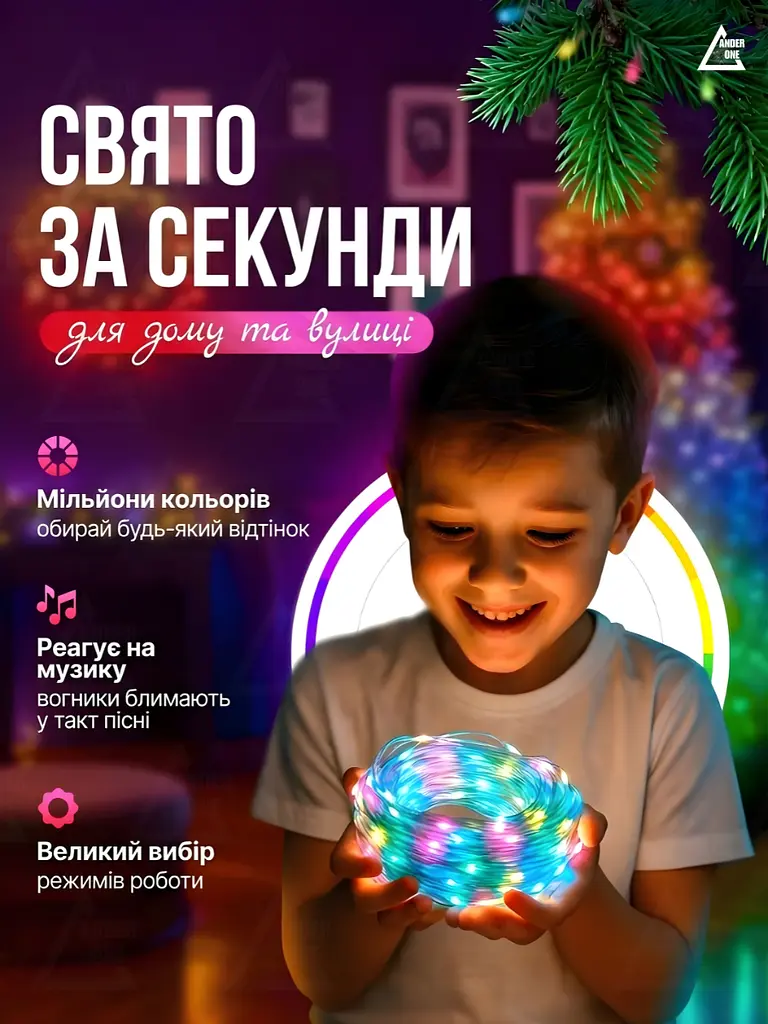 Розумна світлодіодна гірлянда RGB 3 м /30 LED, вулична та інтер’єрна, Bluetooth App Control +ДК +USB, мультиколір (9028124217) - фото 3