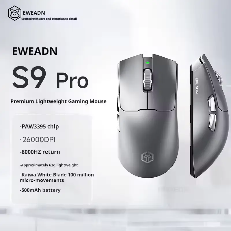 Ігрова бездротова мишка EWEADN S9 Pro / Три режими підключення / Сенсор PAW3395 / 26000 DPI / Grey - фото 2