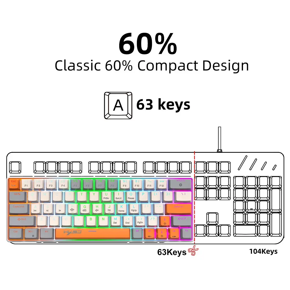 Ігрова механічна дротова клавіатура HXSJ V500 / Blue Switch / 60% / RGB / Colourful - фото 2