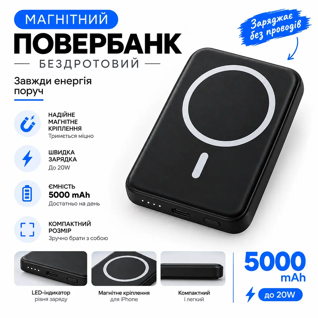 Магнітний повербанк 5000 мА·год MagSafe для iPhone та Android. Чорний - фото 6