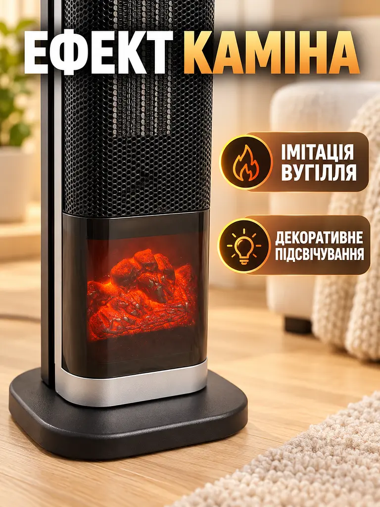 Керамічний тепловентилятор 2000 Вт 65×16×16 см з пультом, таймером та ефектом каміна, чорний (49676388) - фото 6