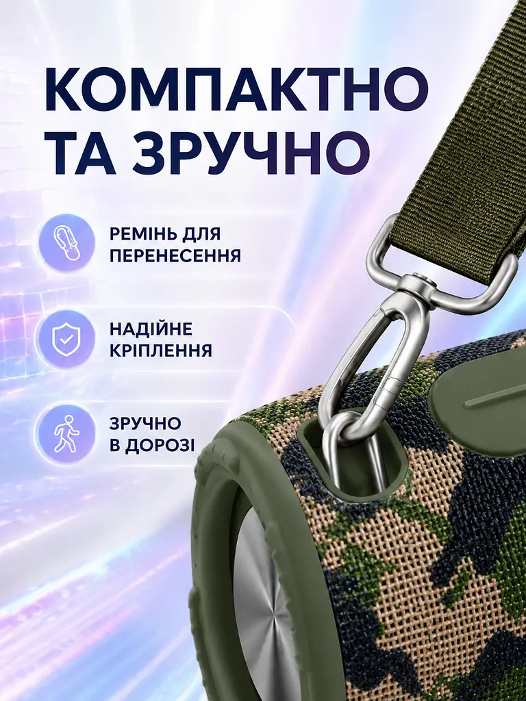 Портативна Bluetooth колонка 20 Вт з басом і LED-підсвіткою 25×10,8×10,7 см камуфляжна (49676322) - фото 5