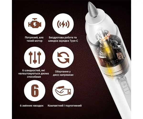 TOUCHBeauty TB-1738, Бездротовий електричний фрезер для манікюру та педикюру 6в1 Тач Б'юті, білий - фото 6