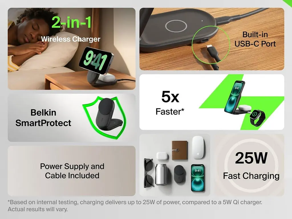 Зарядний пристрій Belkin UltraCharge 2-in-1 Foldable Magnetic Charging 25Вт, чорний (WIZ039KQBK) - фото 5