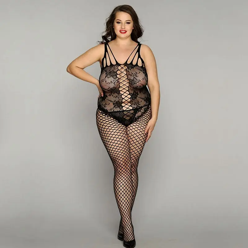 Сітчастий бодістокінг JSY «Ніжна Люсі» Plus Size, black, імітація боді, імітація шнурівки - фото 3
