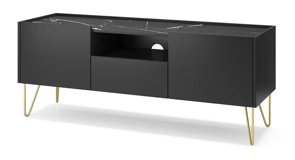 Тумба под телевизор Perfect Home Гармоны / Harmony 1-дверная с 2 ящиками и золотыми ножками RTV144 Черный/черный мрамор роял (PFH-091179) - фото 5
