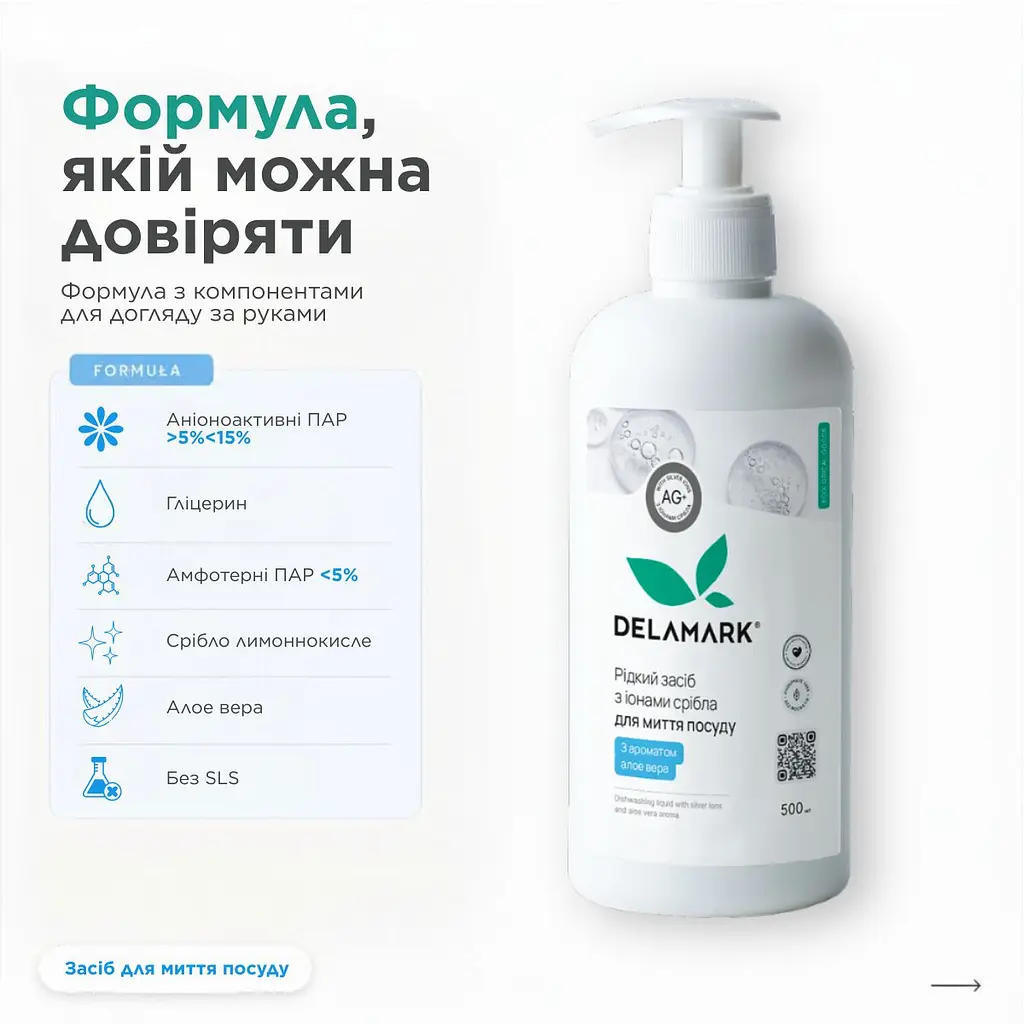 Засіб для миття посуду DeLaMark з іонами срібла Алое віра 0.5 л (4820152331007) - фото 3