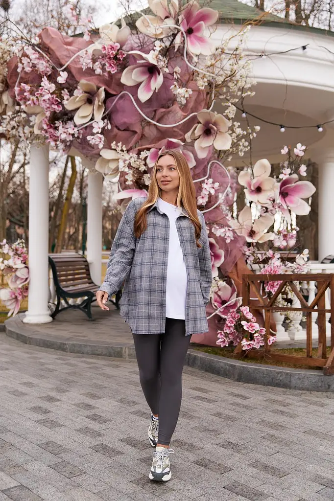 Женская рубашка для беременных стиля oversize в клетку для будущих мам Siena L - XL (46 - 48) Lullababe серый - фото 3