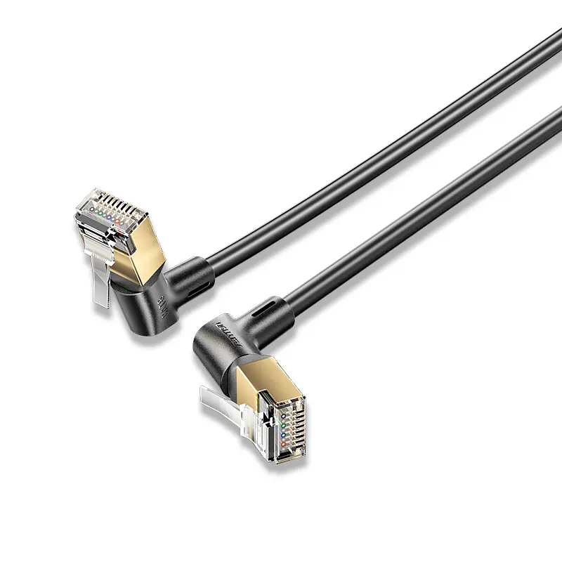 Патч-корд Ethernet Vention довжина 0,5 м LAN-кабель Cat8 STP 40 Гбіт/с роз’єми RJ45 8P8C поворотні кутові штекери з поворотом на 360° тонкий із зовнішнім діаметром 3,8 мм смуга пропускання 2000 МГц чорний (IKLBD)