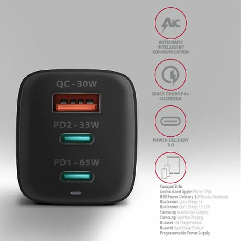 Зарядний пристрій AXAGON 1xUSB + 2xUSB-C 65W QC4+ PD3.0 PPS black (ACU-DPQ65) - фото 5