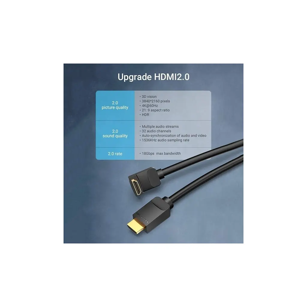 Кабель мультимедійний HDMI M to HDMI M 1.0m V2.0 4K60Hz 90° corner PVC black Vention (AARBF) - фото 5