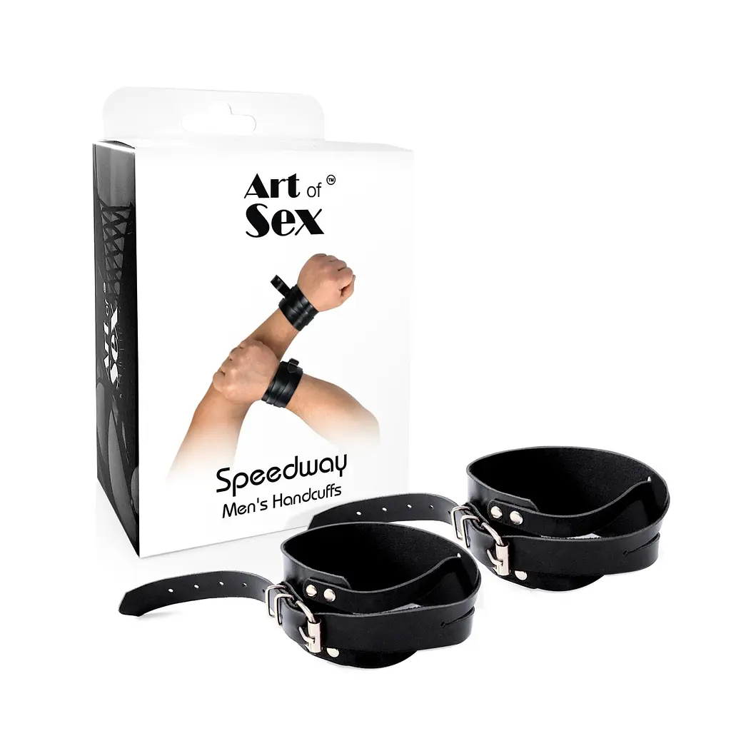 Чоловічі шкіряні наручники Art of Sex - Man Handcuffs Speedway XS-M, колір чорний - фото 3