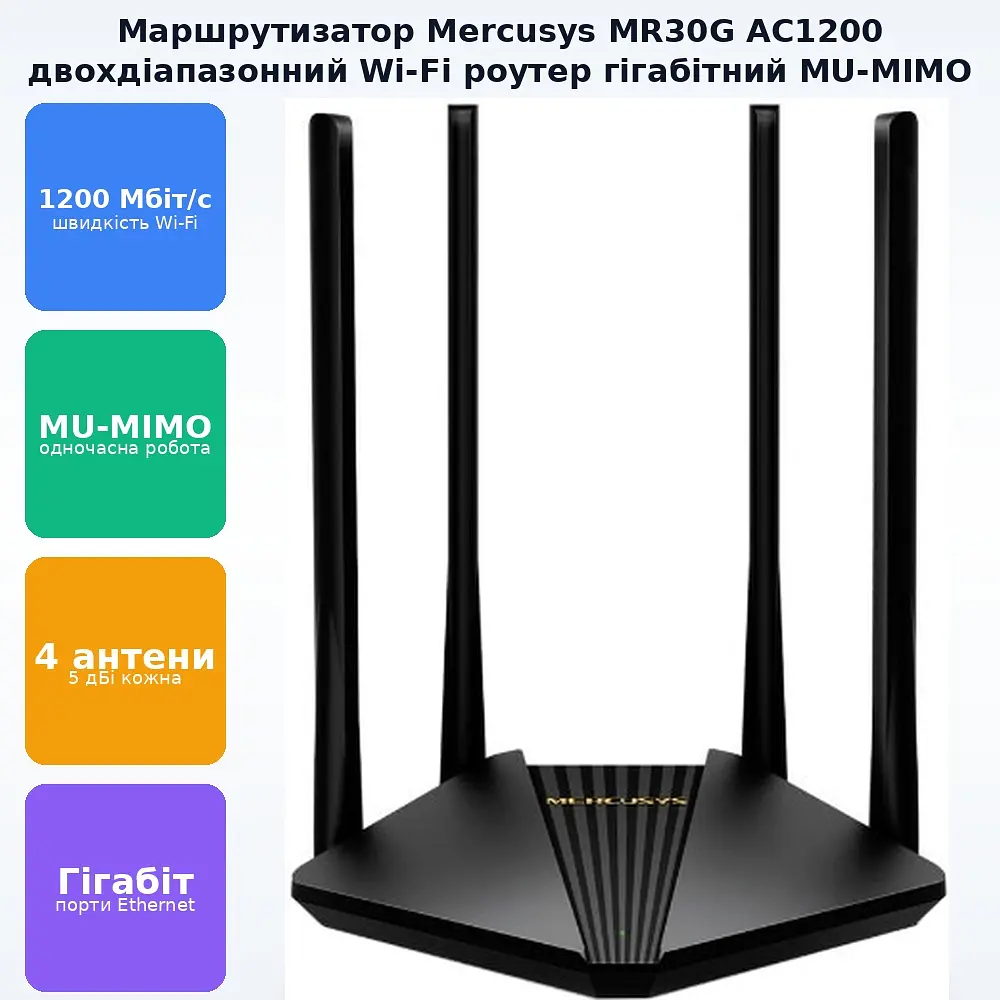 Маршрутизатор WiFi5 дводіапазонний гігабітний Wi-Fi роутер 2*2MU-MIMO 1 Гбіт/с Mercusys MR30G AC1200 - фото 2