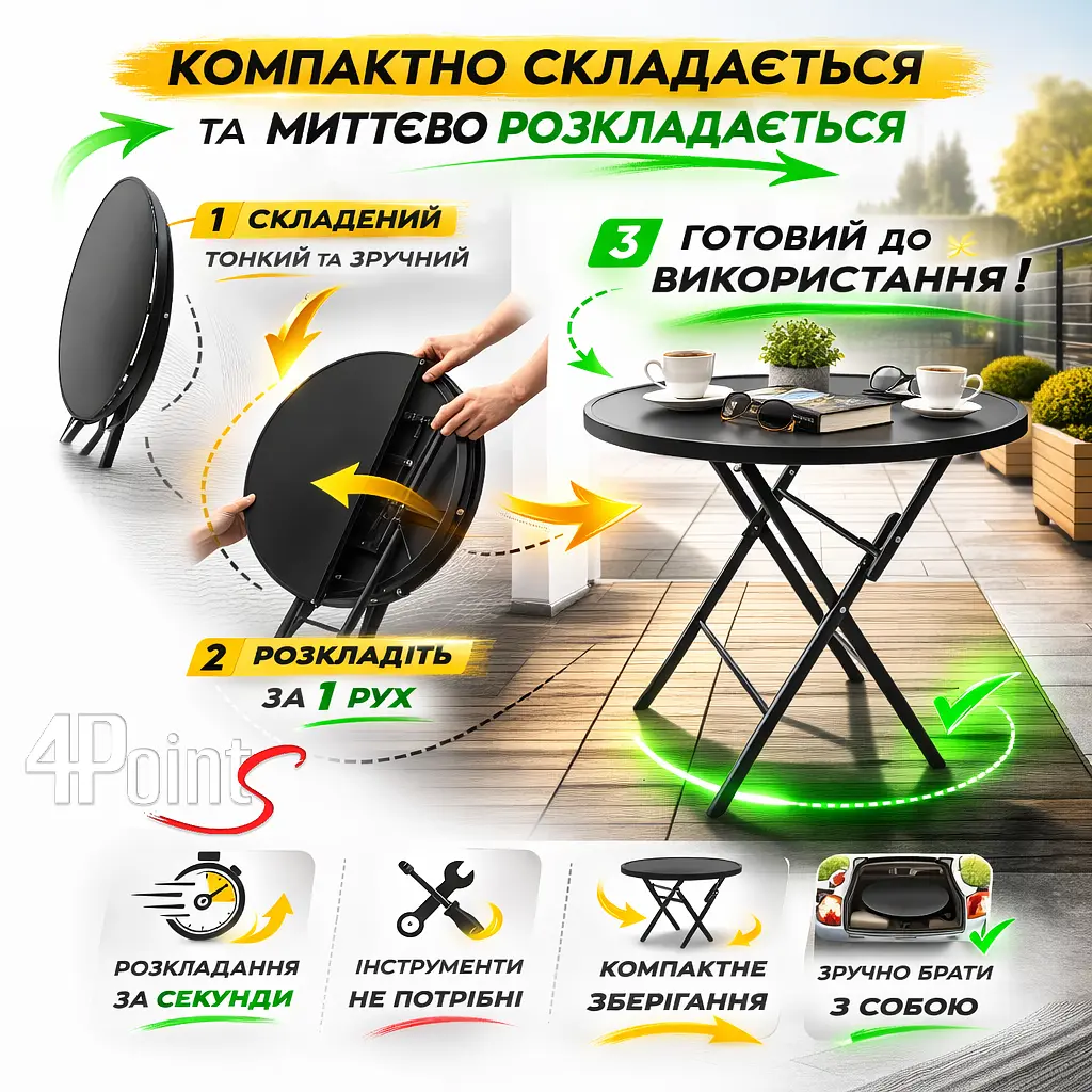 Стіл садовий 4Points Tondo розкладний круглий ⌀60см, чорне загартоване скло/чорний каркас - фото 6