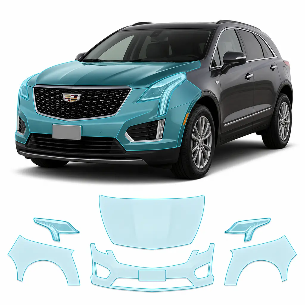 Антигравійна захисна бронеплівка за лекалами для Cadillac XT5 I facelift 2020- передня частина авто (капот бампер крила))