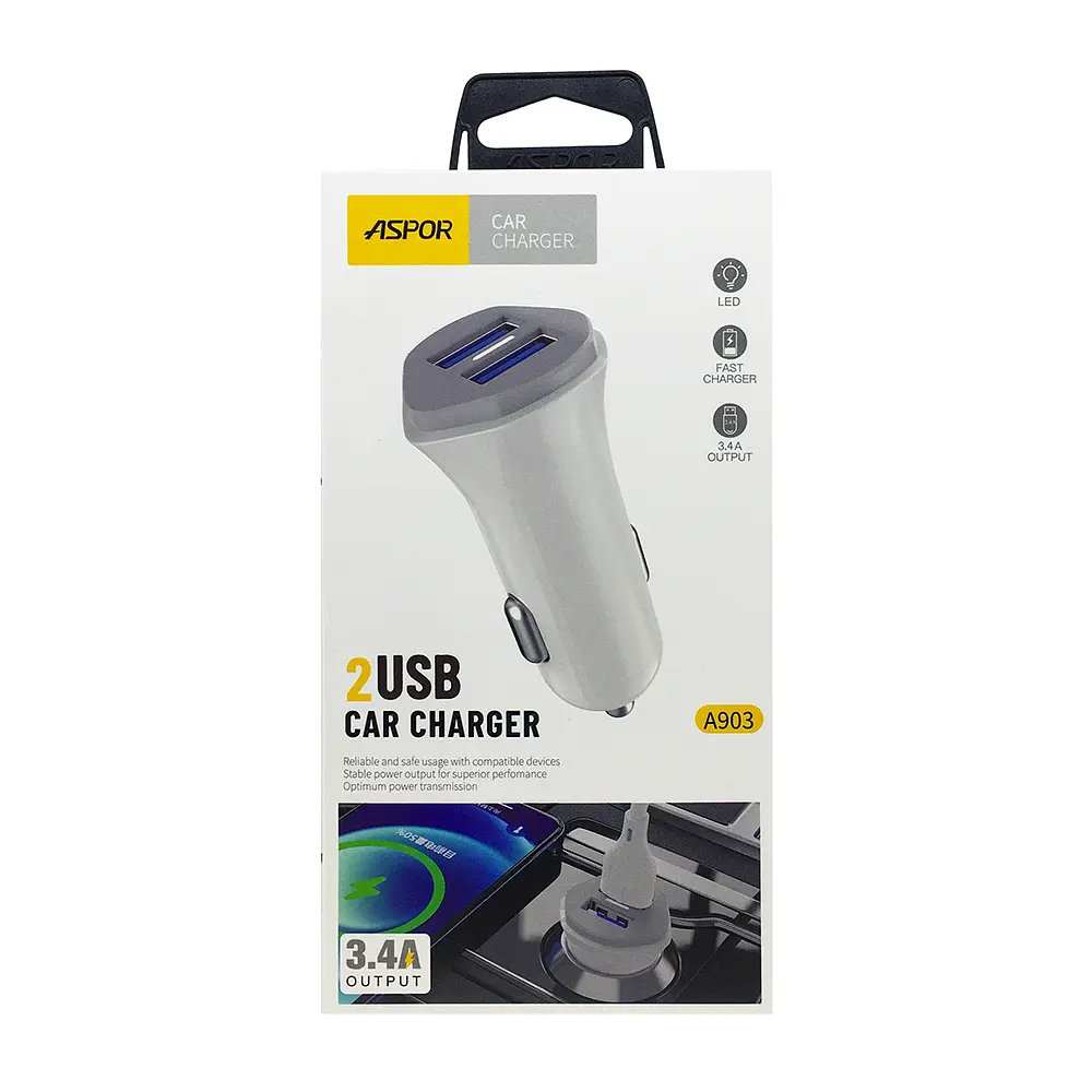 Автомобільний зарядний пристрій Aspor A903 (2USB/3.4A)- білий